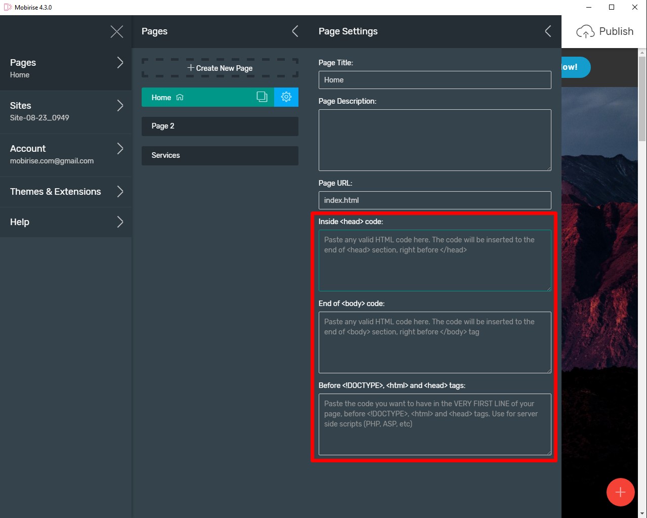 Code Editor: page settings