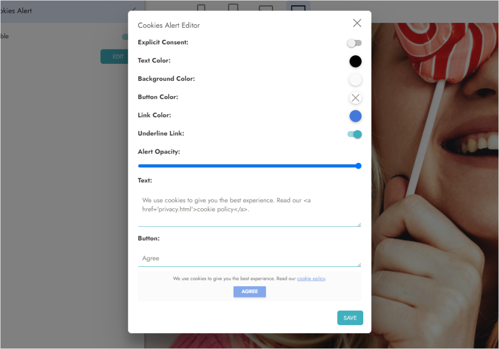 Use the tag with the href attribute like this: <a href=%27privacy.html policy</a> How to edit the appearance of a cookie alert?