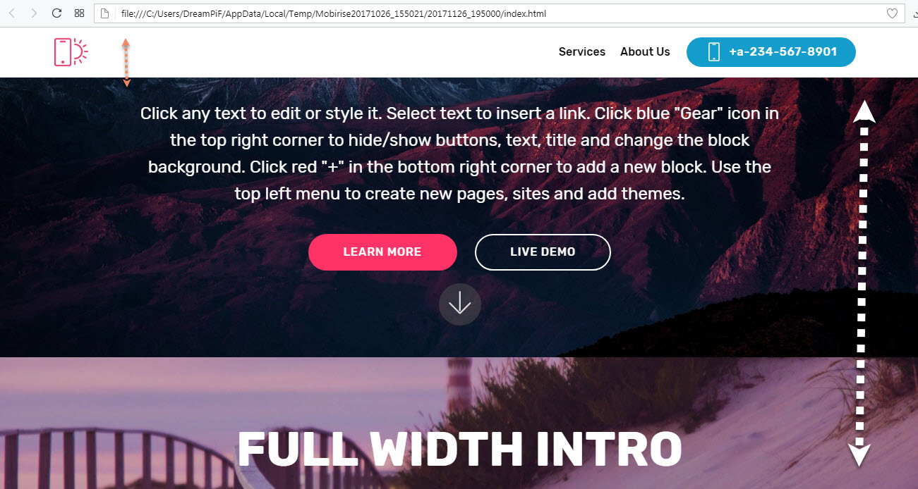This is easily achievable in Mobirise Builder – we just need to use a full screen Header block and two little scripts you can get from here and just copy / paste in the page's head and end of body sections (Code Editor Extension needed)
So finally the page will load with no navigation visible like this: And when user scrolls down the navbar gracefully slides down so the navigation gets accessible It's really easy and actually – fun and takes just three steps: Make sure you have the Sticky option of your navbar turned on – this will make it always appear on the top of the page when the user scrolls it down Copy this snippet <style>
.navbar-fixed-top {
top:-70px;
opacity:0;
}
</style> And paste it in Inside page's head section in the Page Settings dialog Finally take this snippet <script> /*---------------------------------------*/ /* NAVIGATION AND NAVIGATION VISIBLE ON SCROLL /*---------------------------------------*/
$( window ).on( "load", function() { mainNav(); $(window).scroll(function() { mainNav(); }); function mainNav() { var top = (document.documentElement && document.documentElement.scrollTop) || document.body.scrollTop; if (top > 40) $('.navbar-fixed-top').stop().animate({ "opacity": '1', "top": '0' }); else $('.navbar-fixed-top').stop().animate({ "top": '-70', "opacity": '0' }); } });
</script> and paste it in the page's End of body section – again in Page settings dialog a bit lower: That's basically it – you're done!