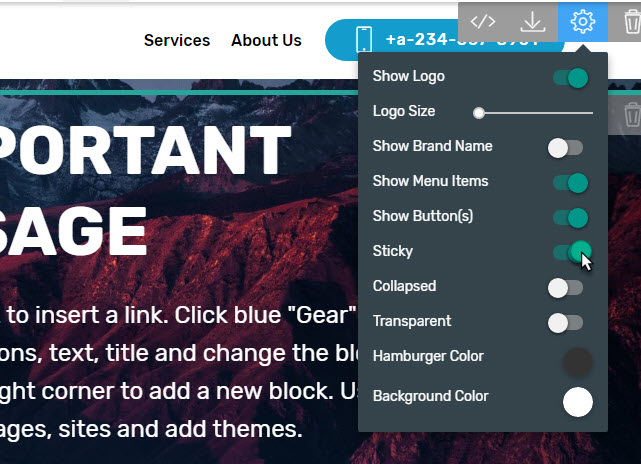 You won't see any changes in Mobirise Buidler visual editing interface since it's easier to handle and edit the navigation block this way – not chasing it around – but the effect will gracefully trigger as long as you Preview or Publish the page.